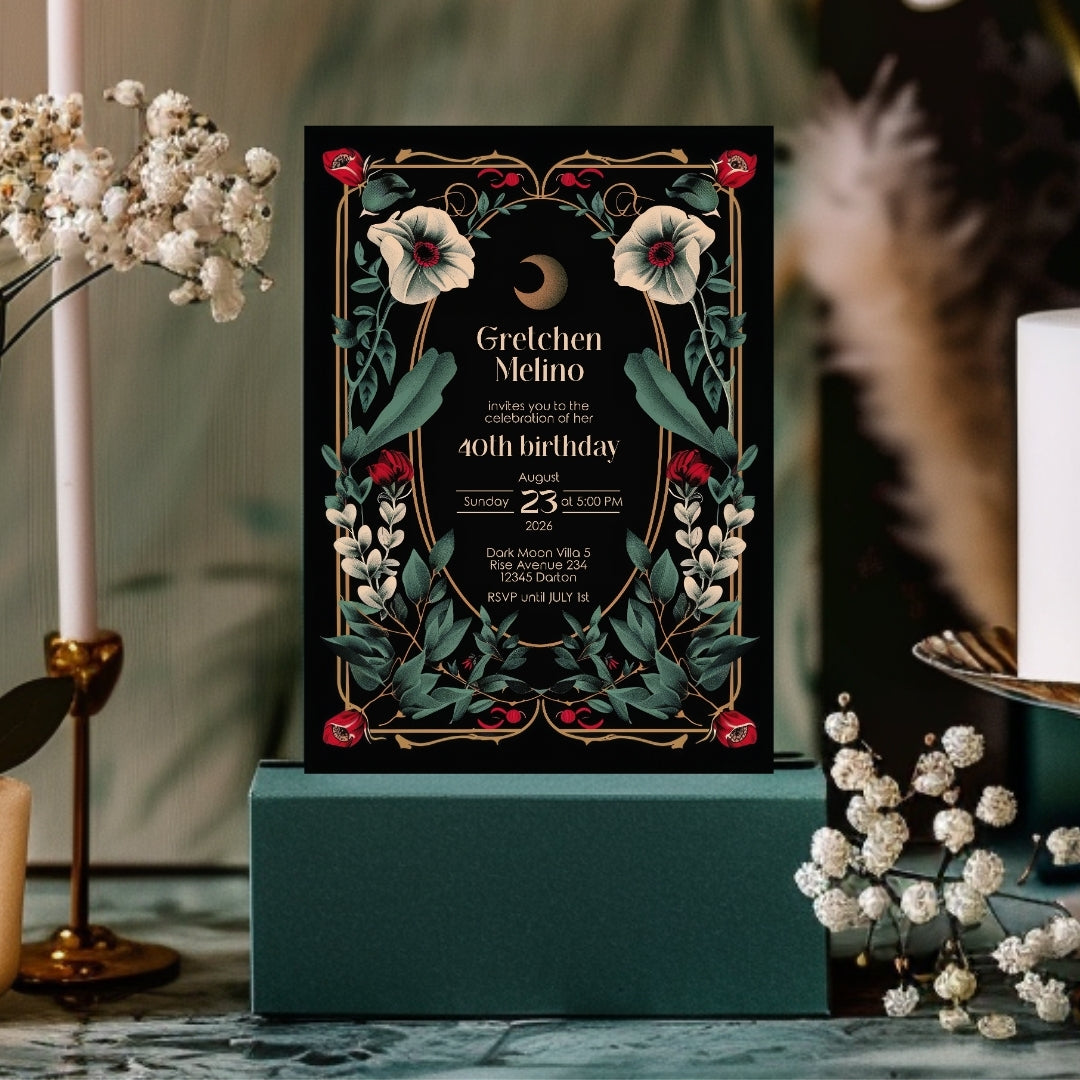 Elegant Gothic Botanical Birthday Invitation - Luxurious Black and Gold Design with Moon and Floral Motifs