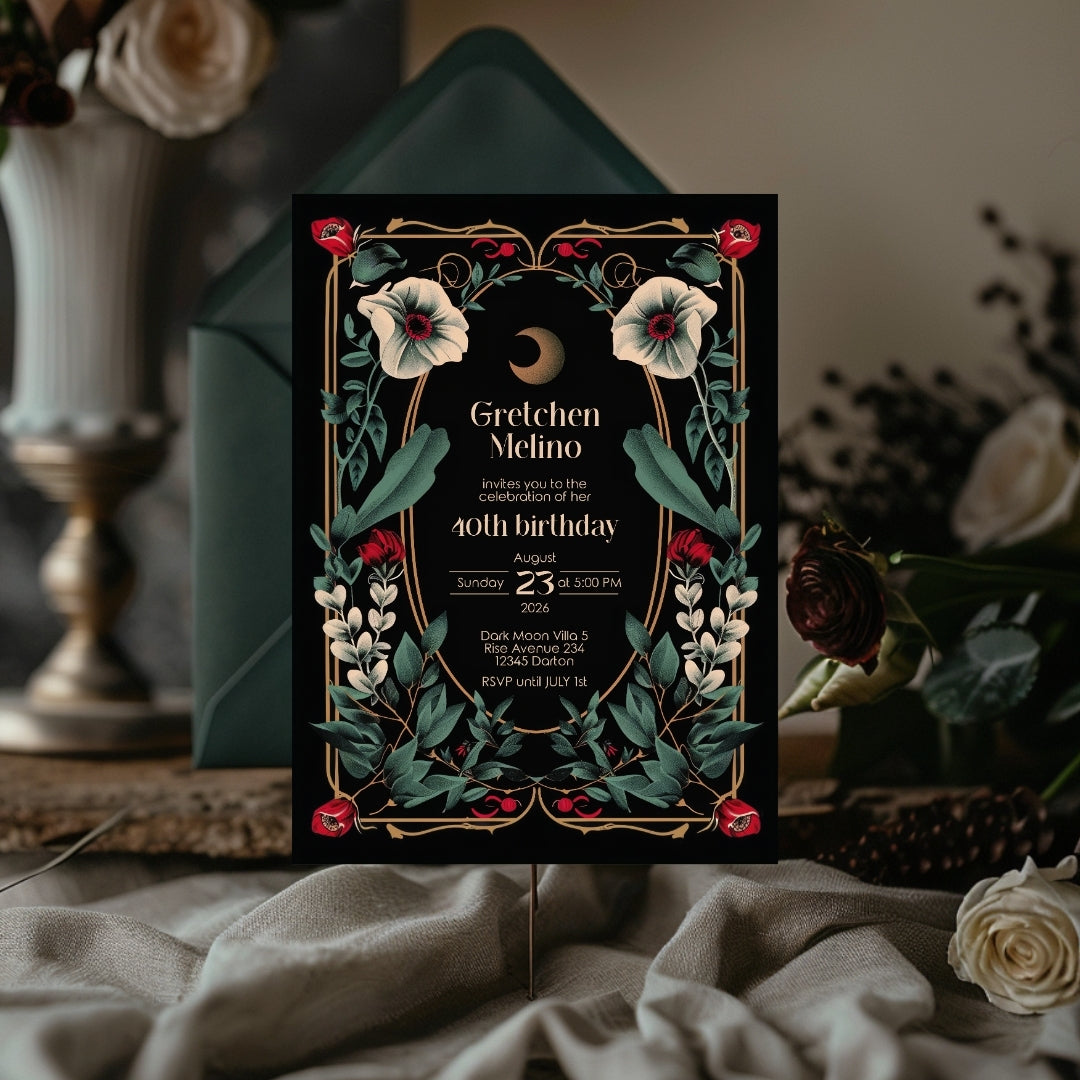 Elegant Gothic Botanical Birthday Invitation - Luxurious Black and Gold Design with Moon and Floral Motifs