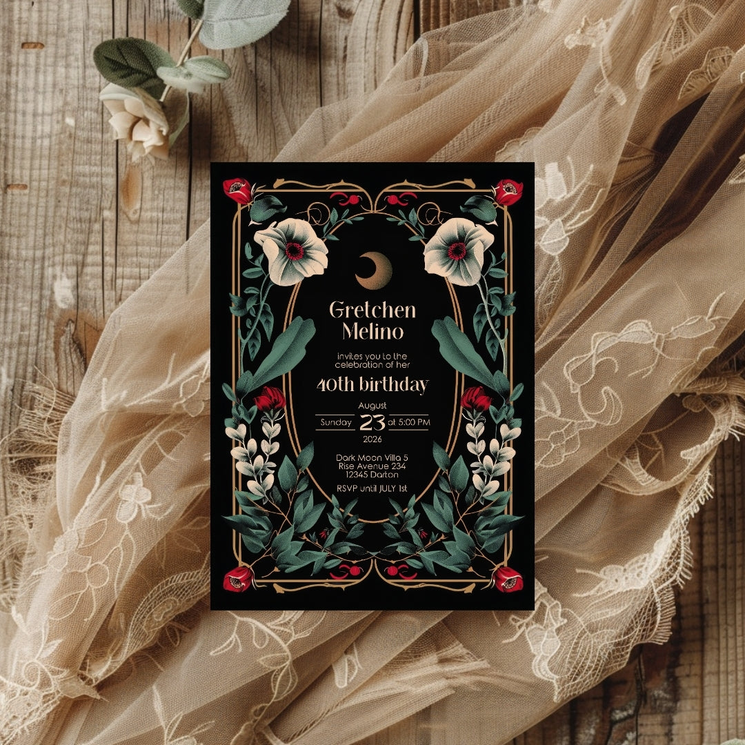 Elegant Gothic Botanical Birthday Invitation - Luxurious Black and Gold Design with Moon and Floral Motifs