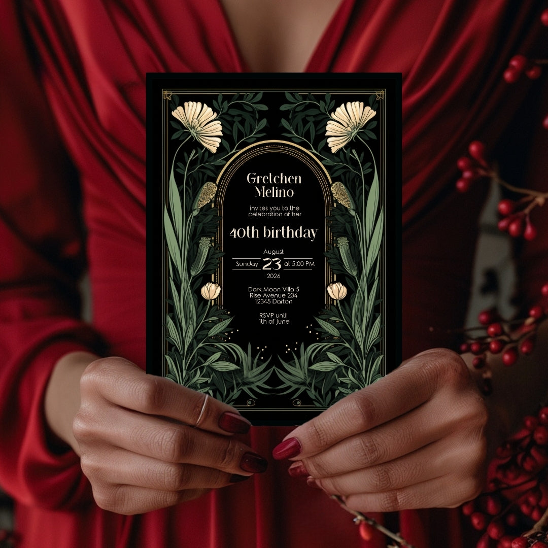 Gothic Art Nouveau Birthday Invitation - Elegant Dark Floral Design