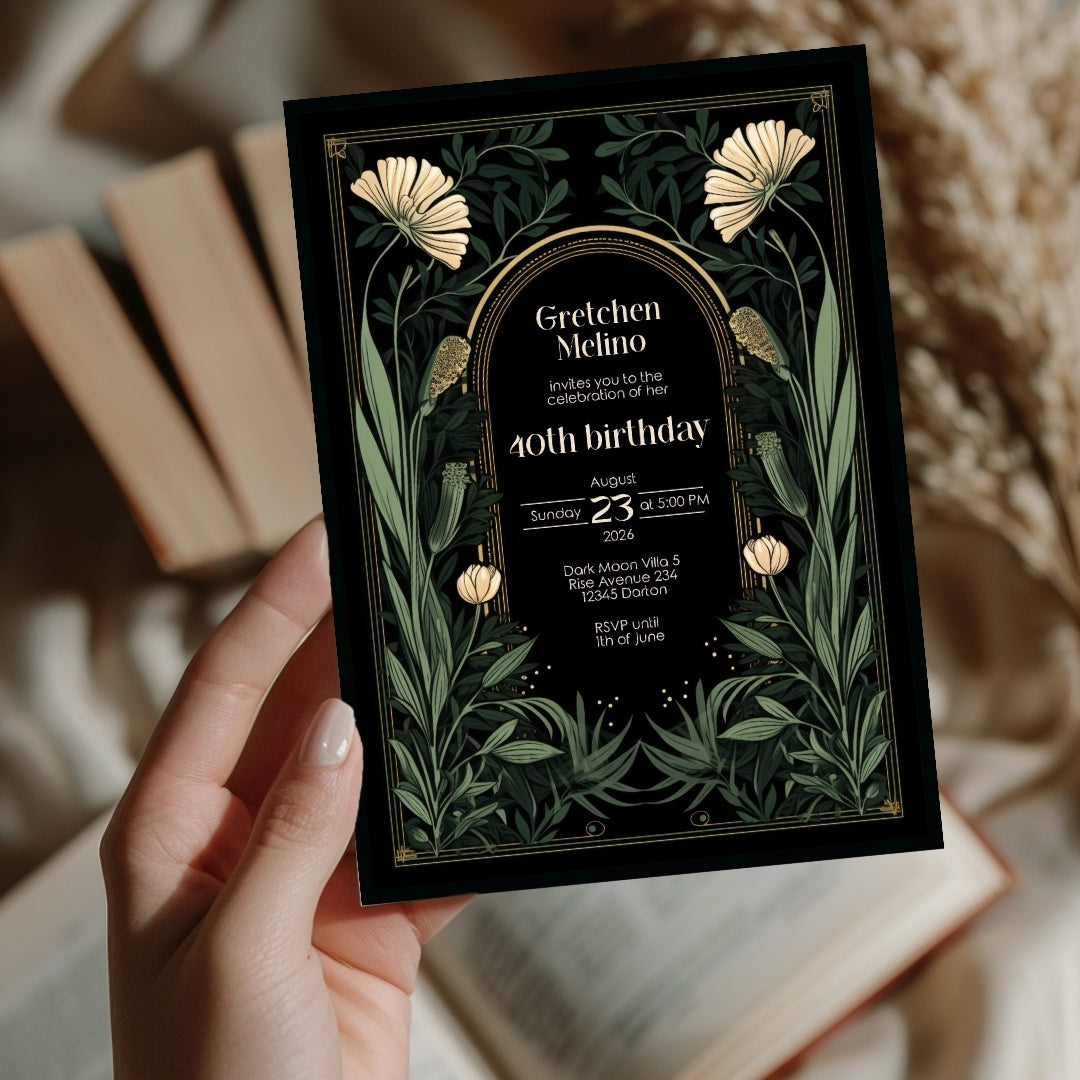 Gothic Art Nouveau Birthday Invitation - Elegant Dark Floral Design