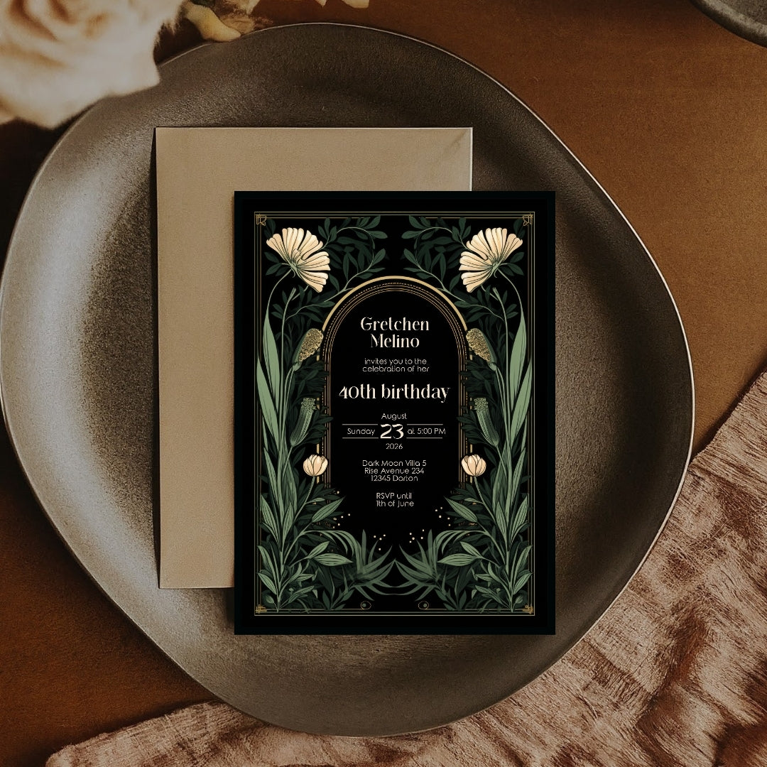 Gothic Art Nouveau Birthday Invitation - Elegant Dark Floral Design