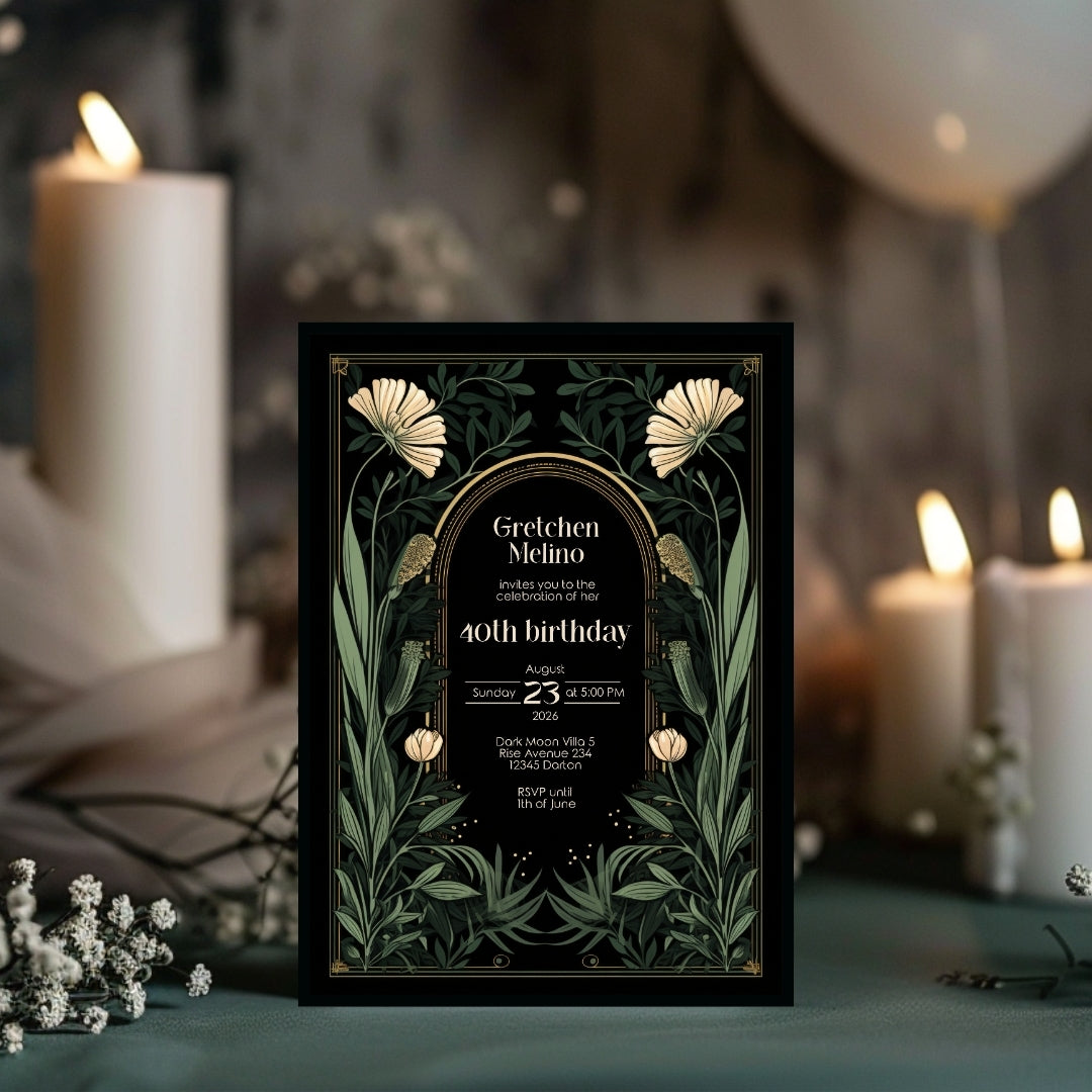 Gothic Art Nouveau Birthday Invitation - Elegant Dark Floral Design