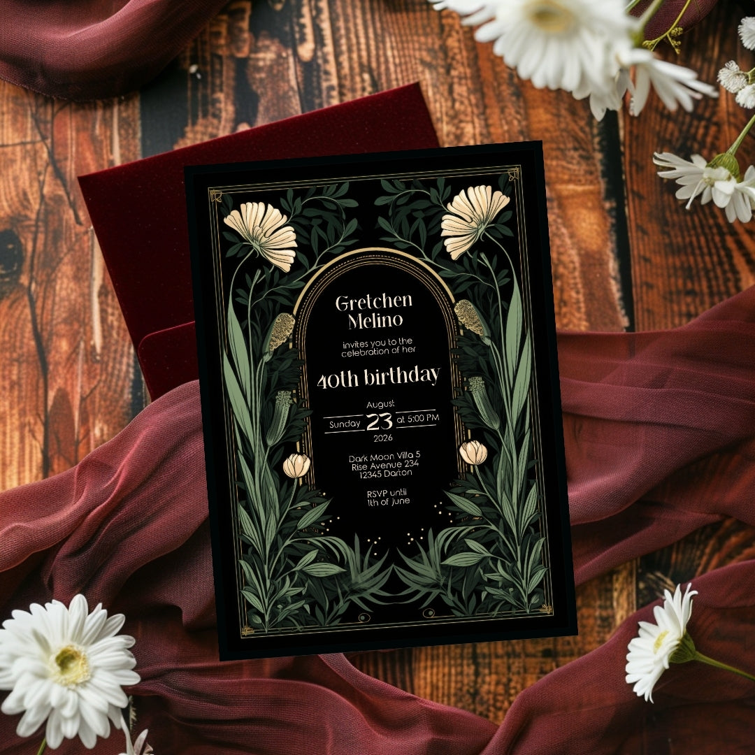 Gothic Art Nouveau Birthday Invitation - Elegant Dark Floral Design