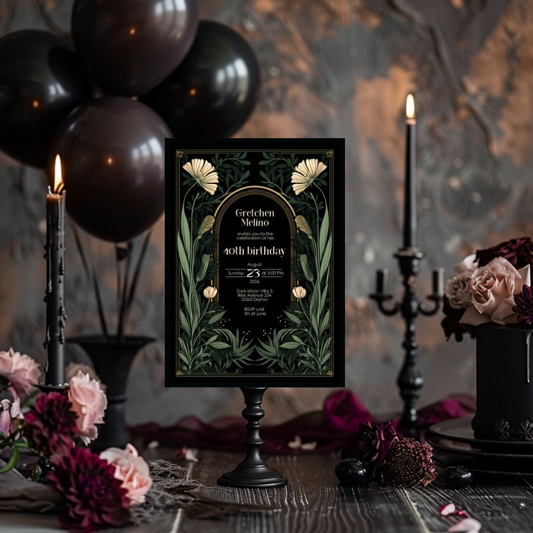 Gothic Art Nouveau Birthday Invitation - Elegant Dark Floral Design