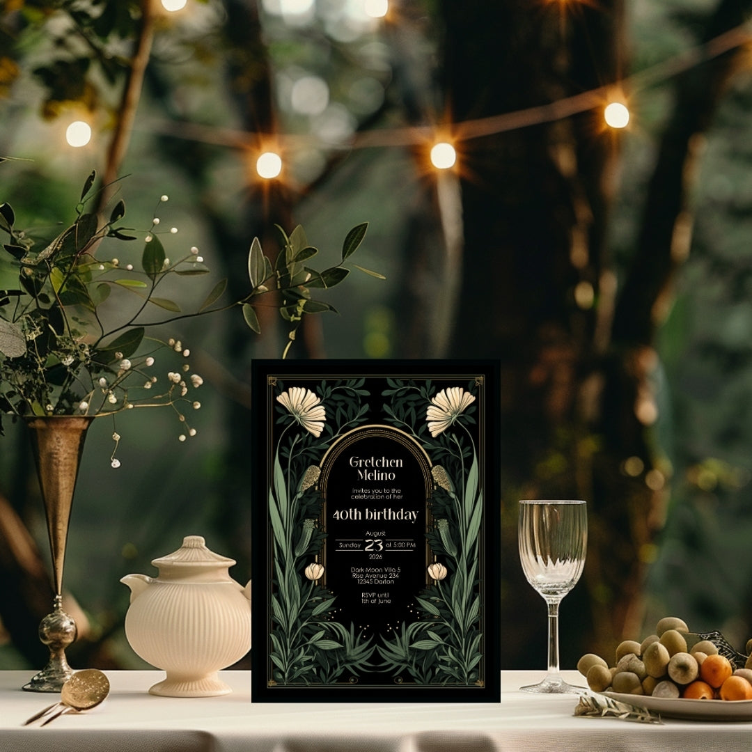 Gothic Art Nouveau Birthday Invitation - Elegant Dark Floral Design