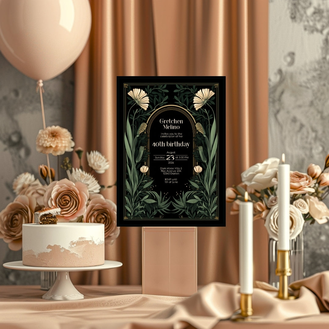Gothic Art Nouveau Birthday Invitation - Elegant Dark Floral Design