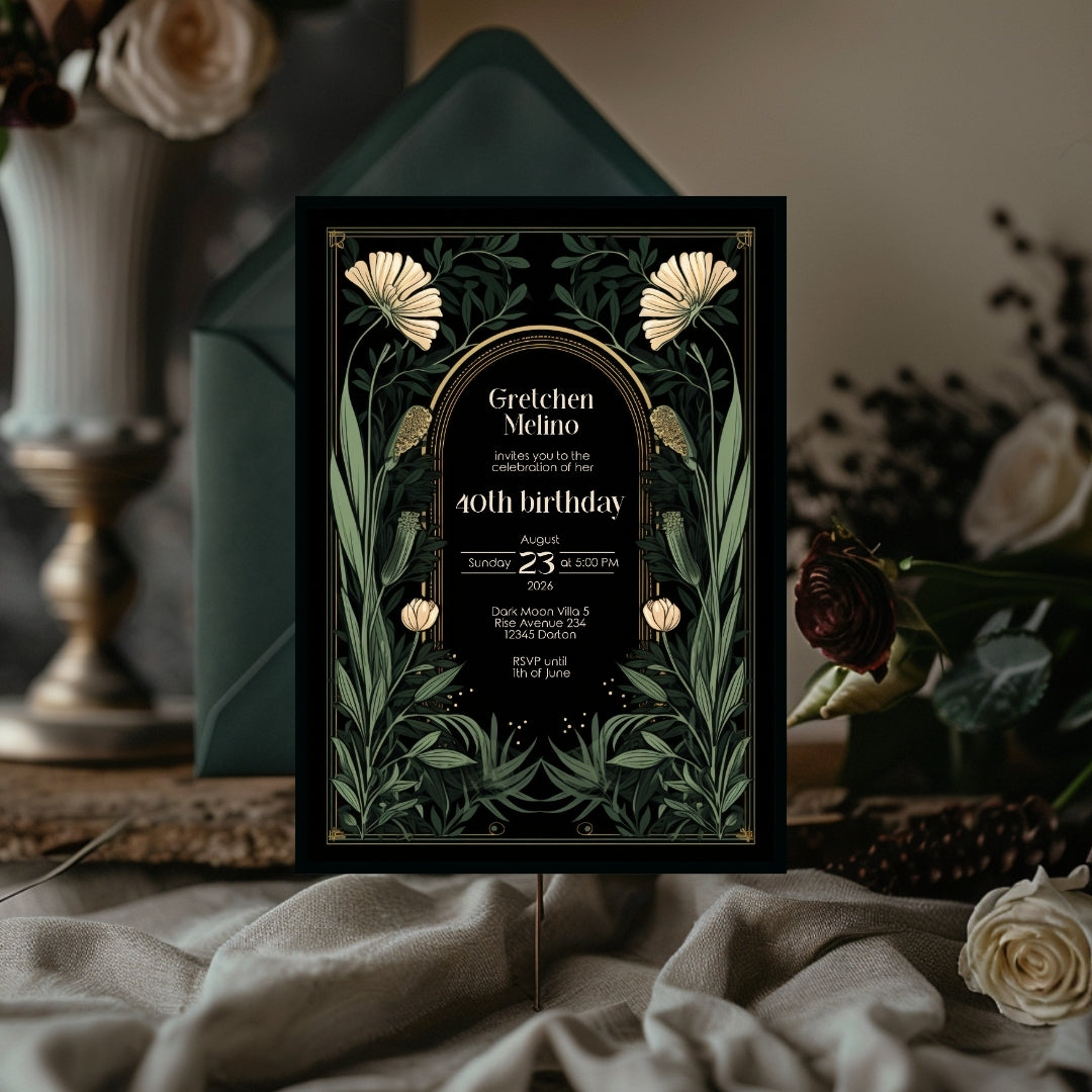 Gothic Art Nouveau Birthday Invitation - Elegant Dark Floral Design