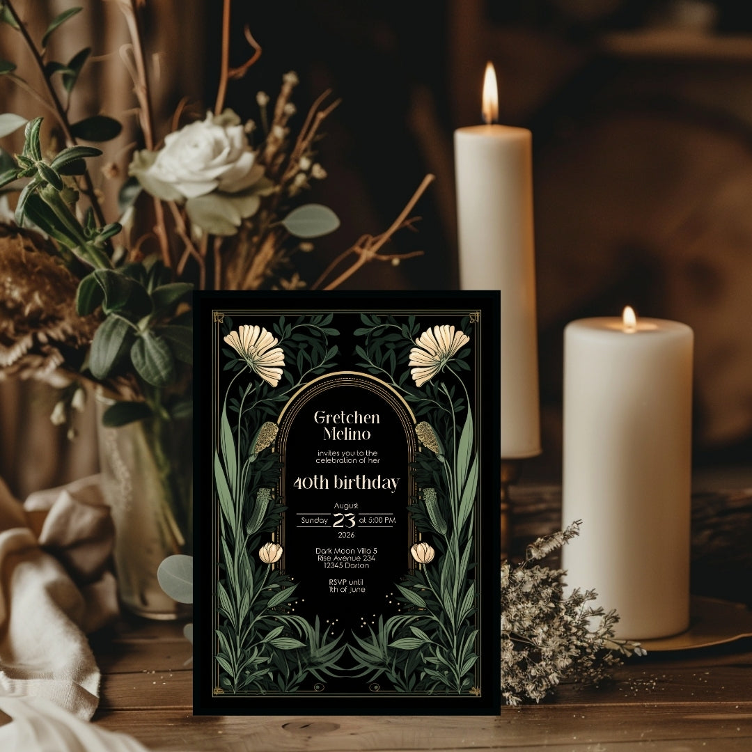 Gothic Art Nouveau Birthday Invitation - Elegant Dark Floral Design