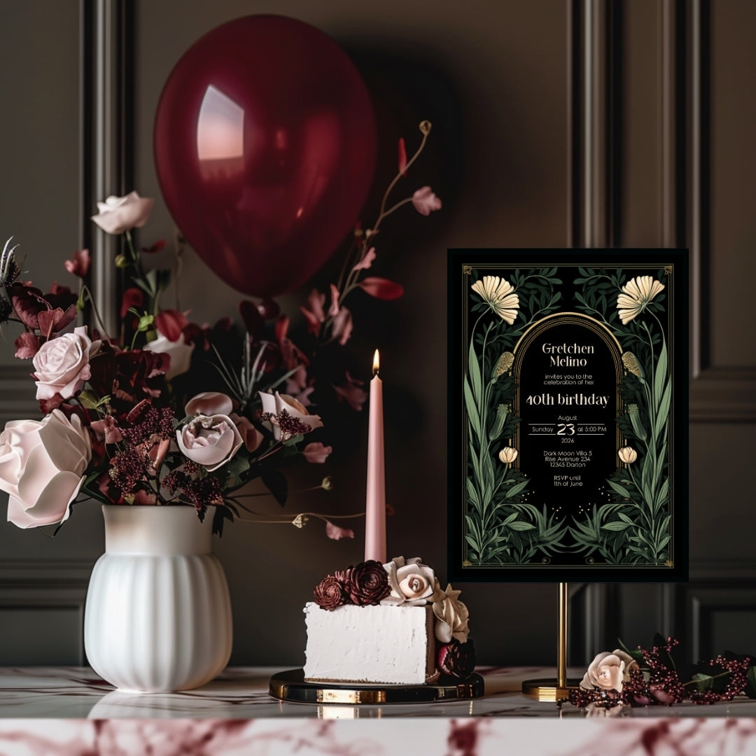 Gothic Art Nouveau Birthday Invitation - Elegant Dark Floral Design