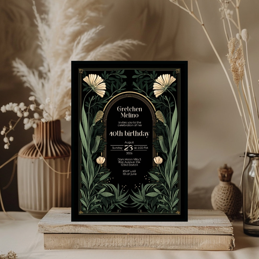 Gothic Art Nouveau Birthday Invitation - Elegant Dark Floral Design