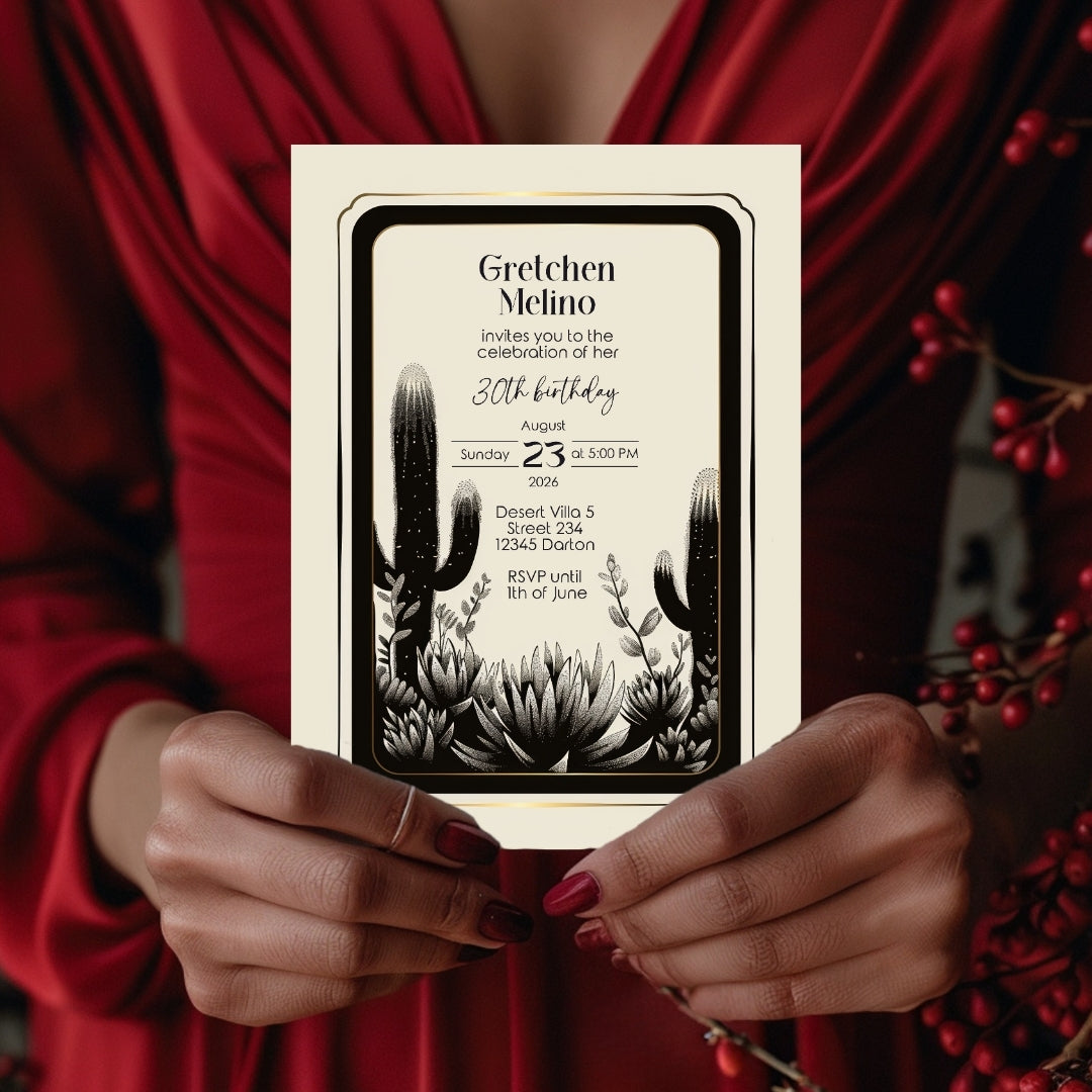 Elegant Desert Noir Birthday Invitation - Black and White Botanical Design