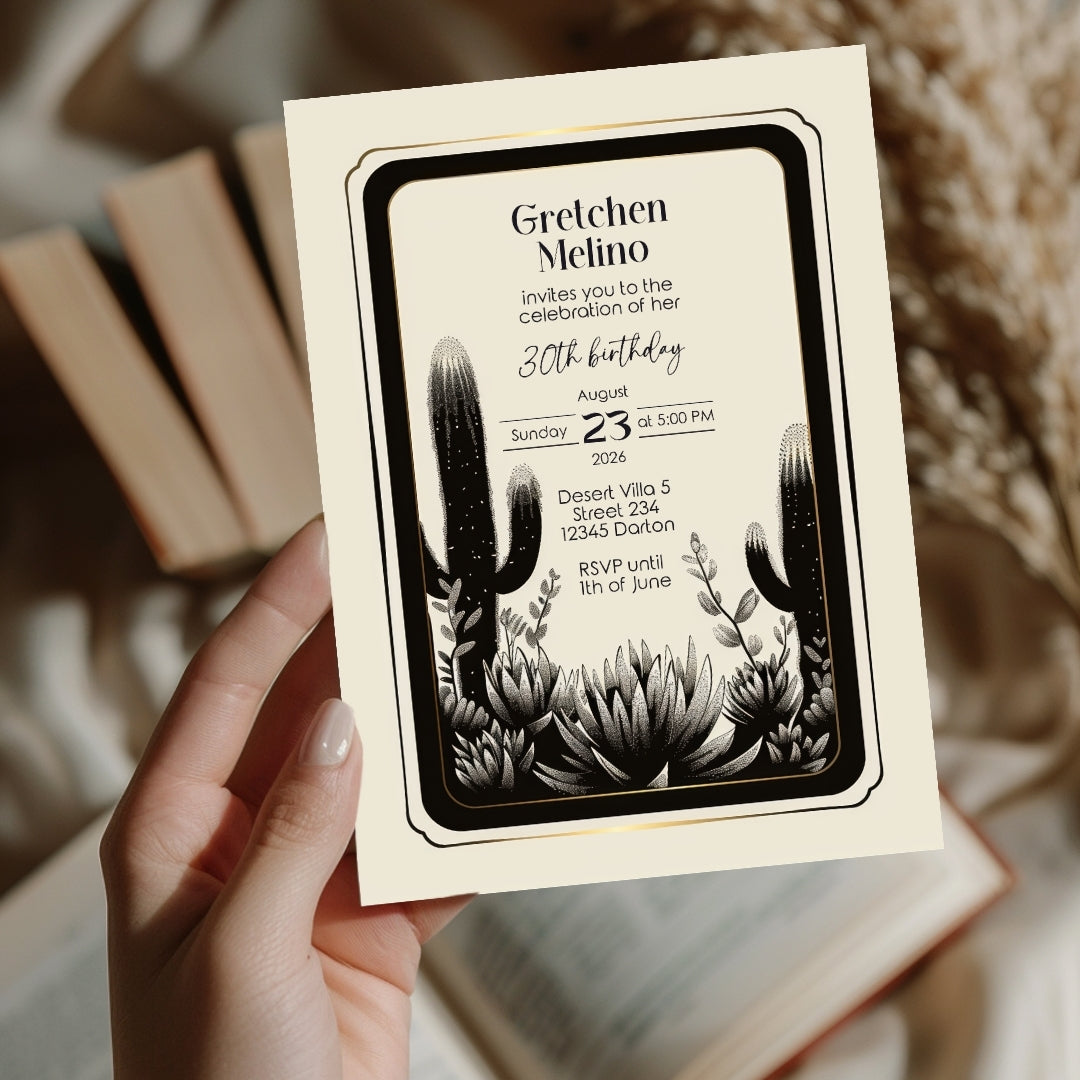 Elegant Desert Noir Birthday Invitation - Black and White Botanical Design
