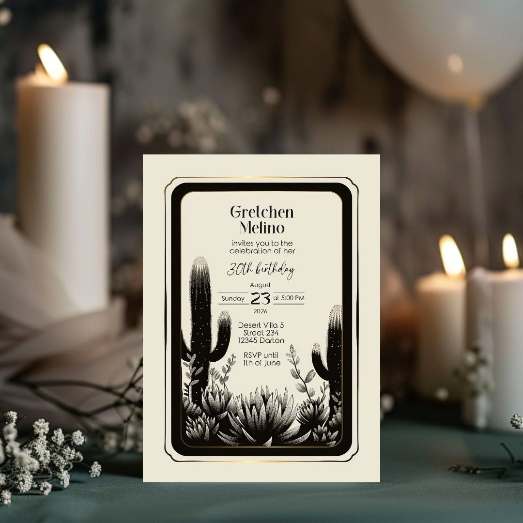 Elegant Desert Noir Birthday Invitation - Black and White Botanical Design