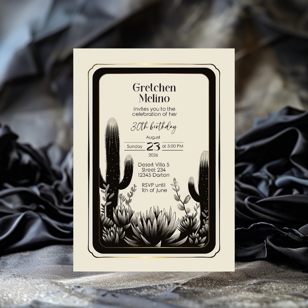 Elegant Desert Noir Birthday Invitation - Black and White Botanical Design