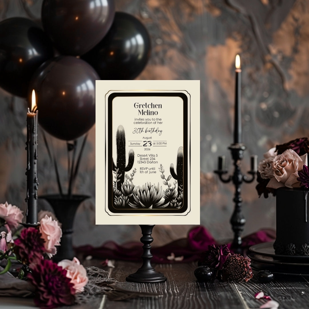 Elegant Desert Noir Birthday Invitation - Black and White Botanical Design