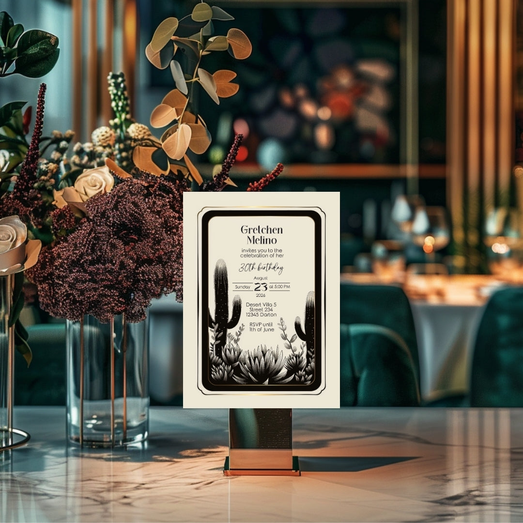 Elegant Desert Noir Birthday Invitation - Black and White Botanical Design