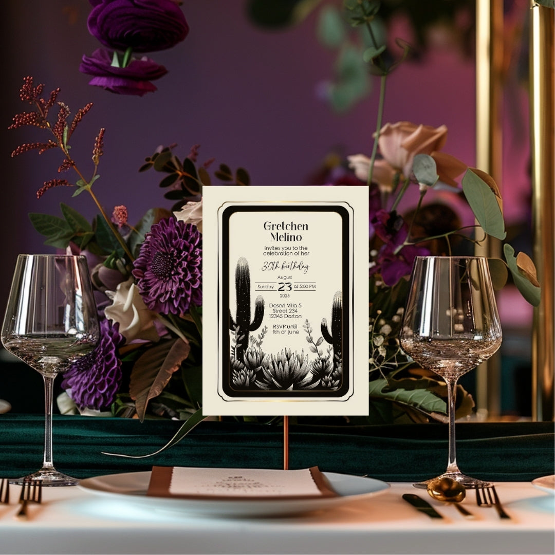 Elegant Desert Noir Birthday Invitation - Black and White Botanical Design
