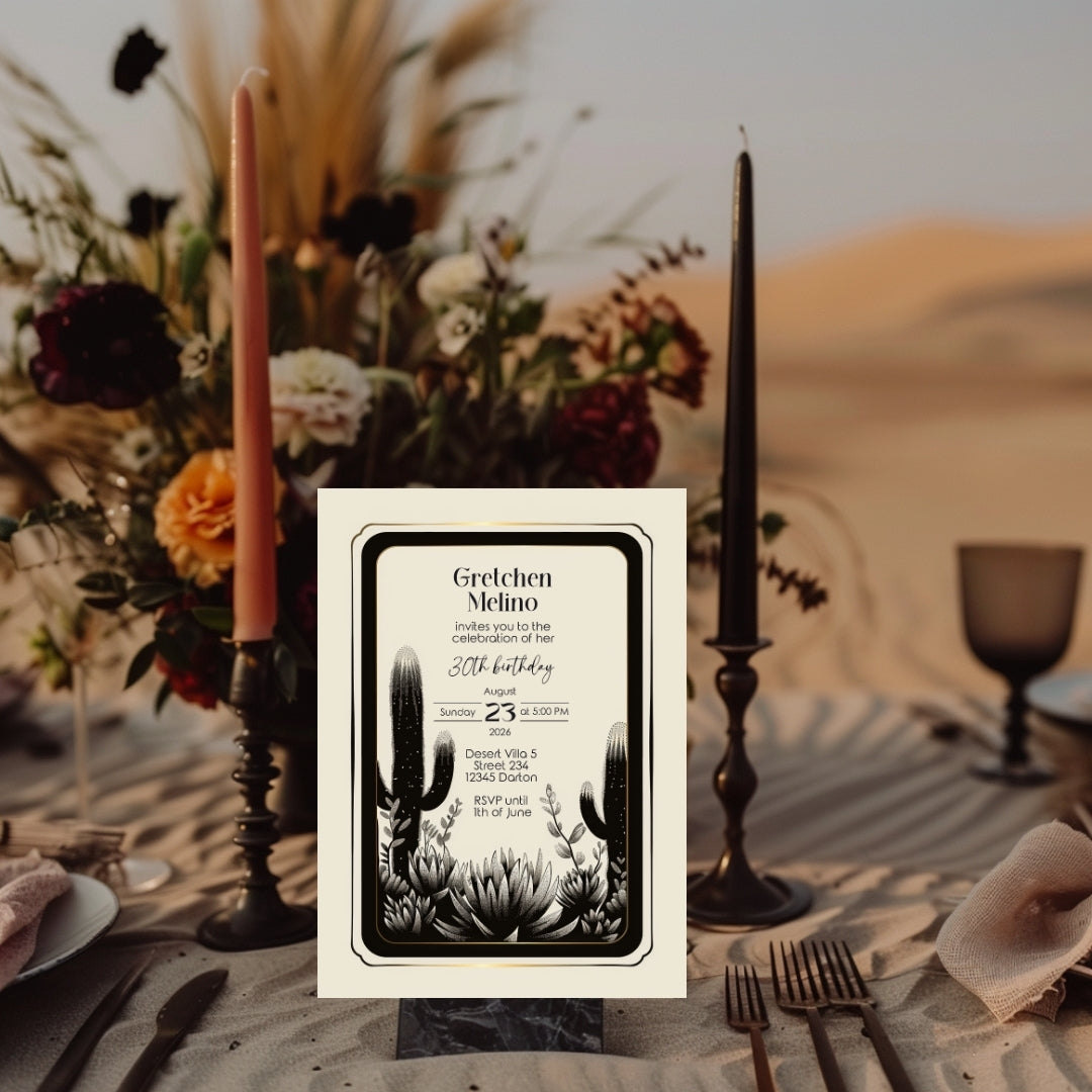 Elegant Desert Noir Birthday Invitation - Black and White Botanical Design