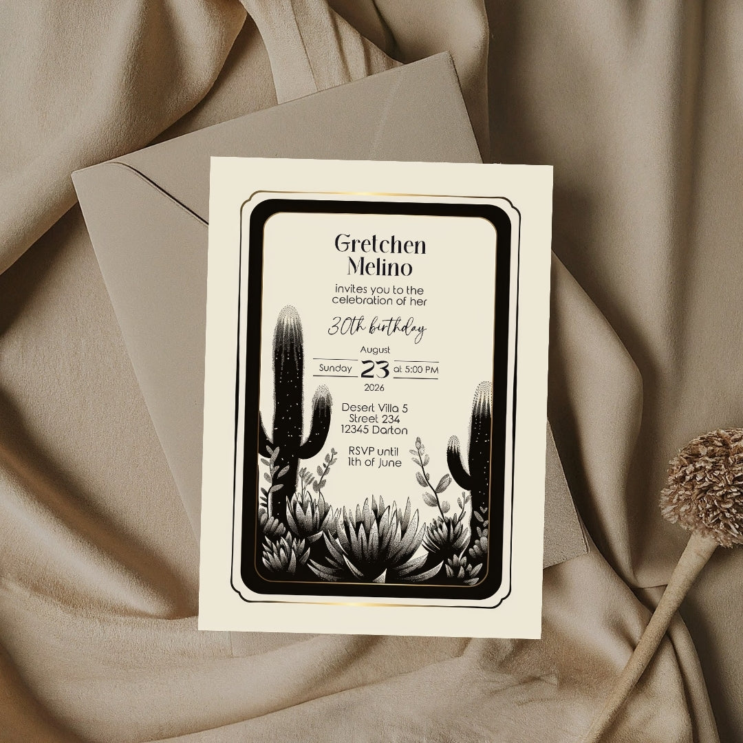 Elegant Desert Noir Birthday Invitation - Black and White Botanical Design