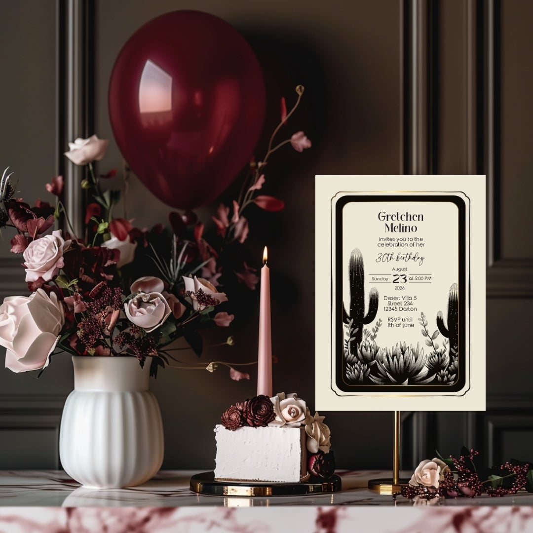 Elegant Desert Noir Birthday Invitation - Black and White Botanical Design