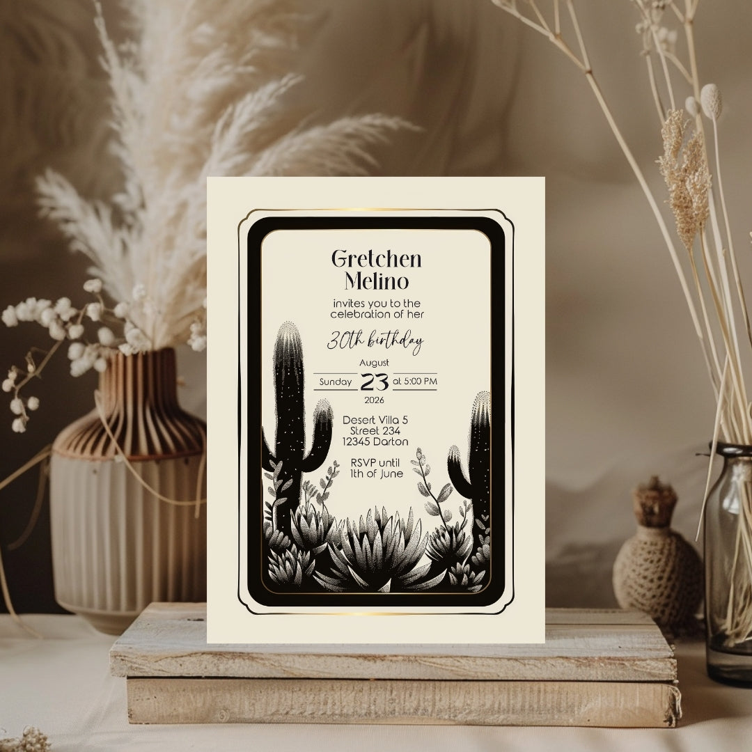 Elegant Desert Noir Birthday Invitation - Black and White Botanical Design