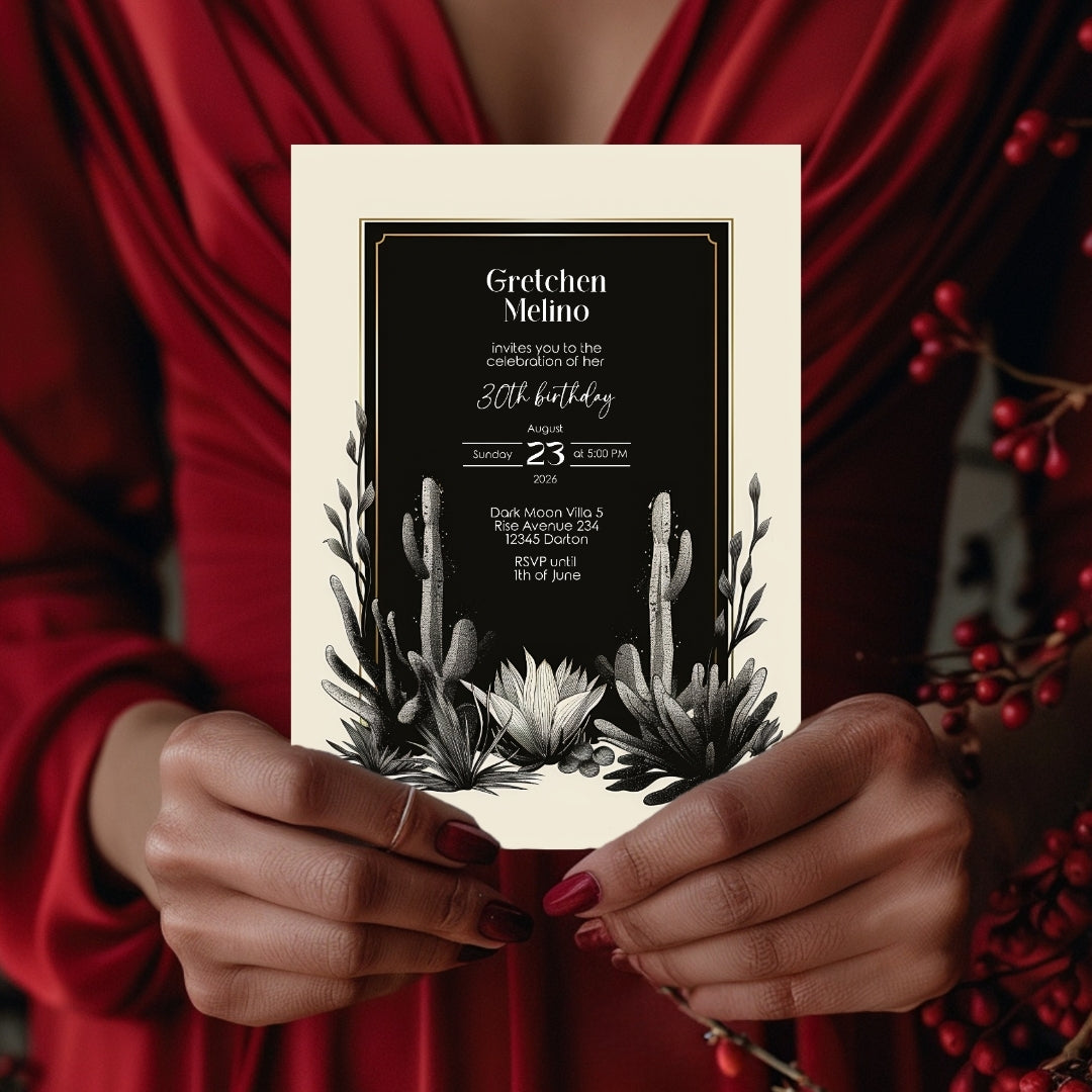 Dark Modern Desert Birthday Invitation - Black and White Minimalist Design with Cacti Motifs