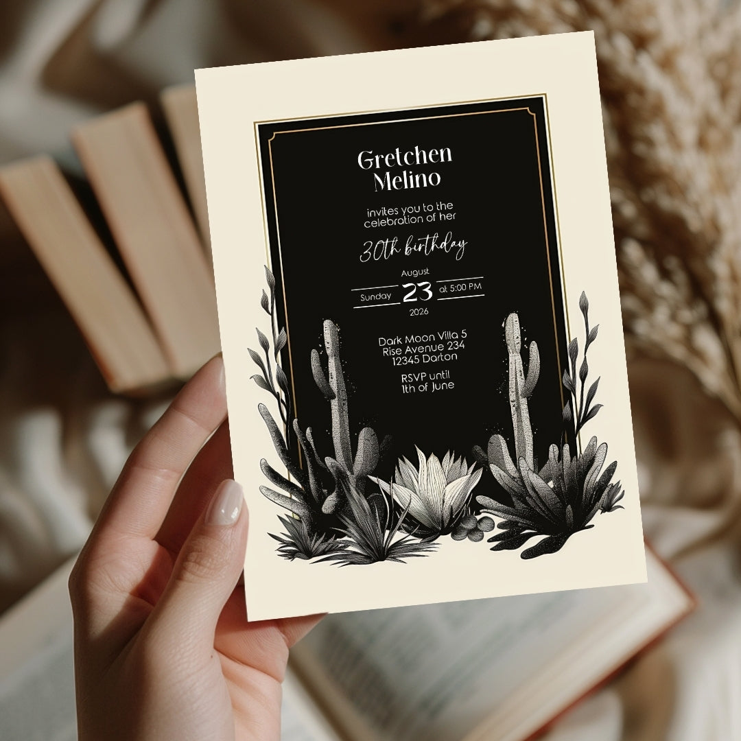 Dark Modern Desert Birthday Invitation - Black and White Minimalist Design with Cacti Motifs
