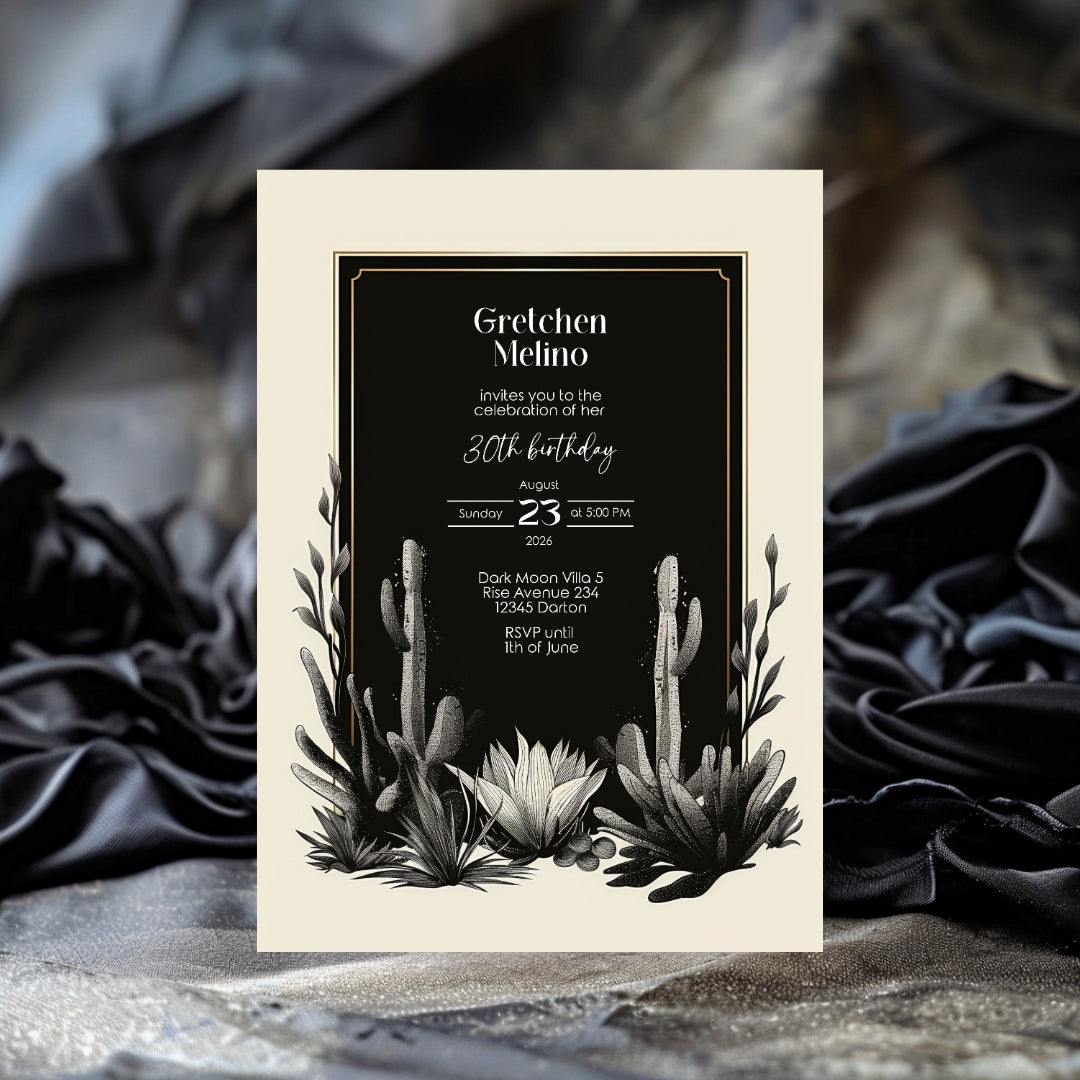 Dark Modern Desert Birthday Invitation - Black and White Minimalist Design with Cacti Motifs