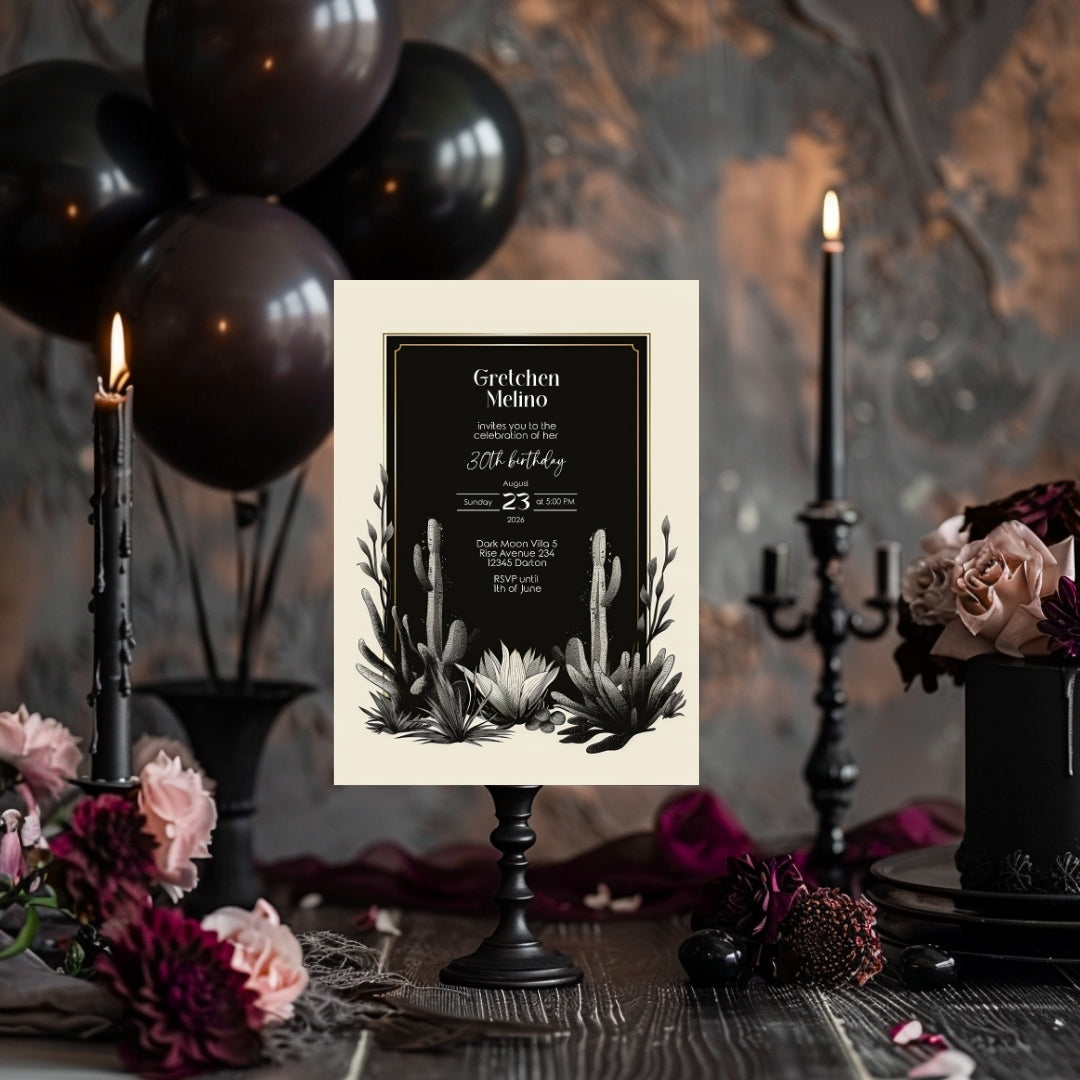 Dark Modern Desert Birthday Invitation - Black and White Minimalist Design with Cacti Motifs