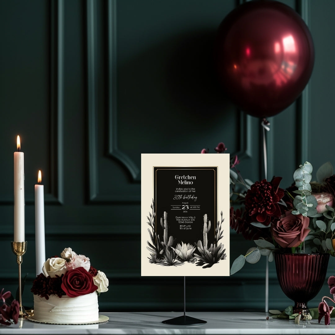 Dark Modern Desert Birthday Invitation - Black and White Minimalist Design with Cacti Motifs