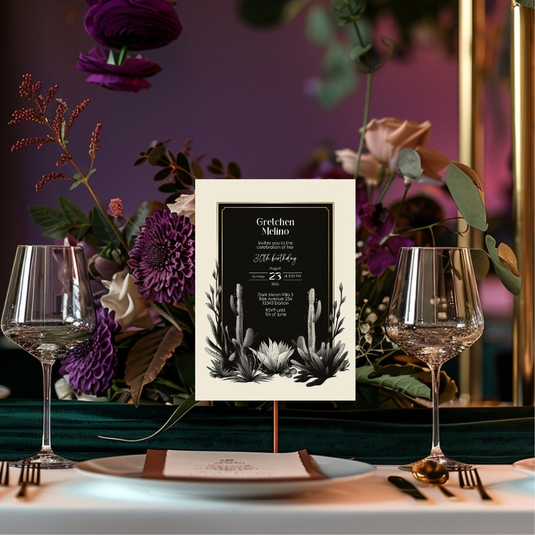 Dark Modern Desert Birthday Invitation - Black and White Minimalist Design with Cacti Motifs