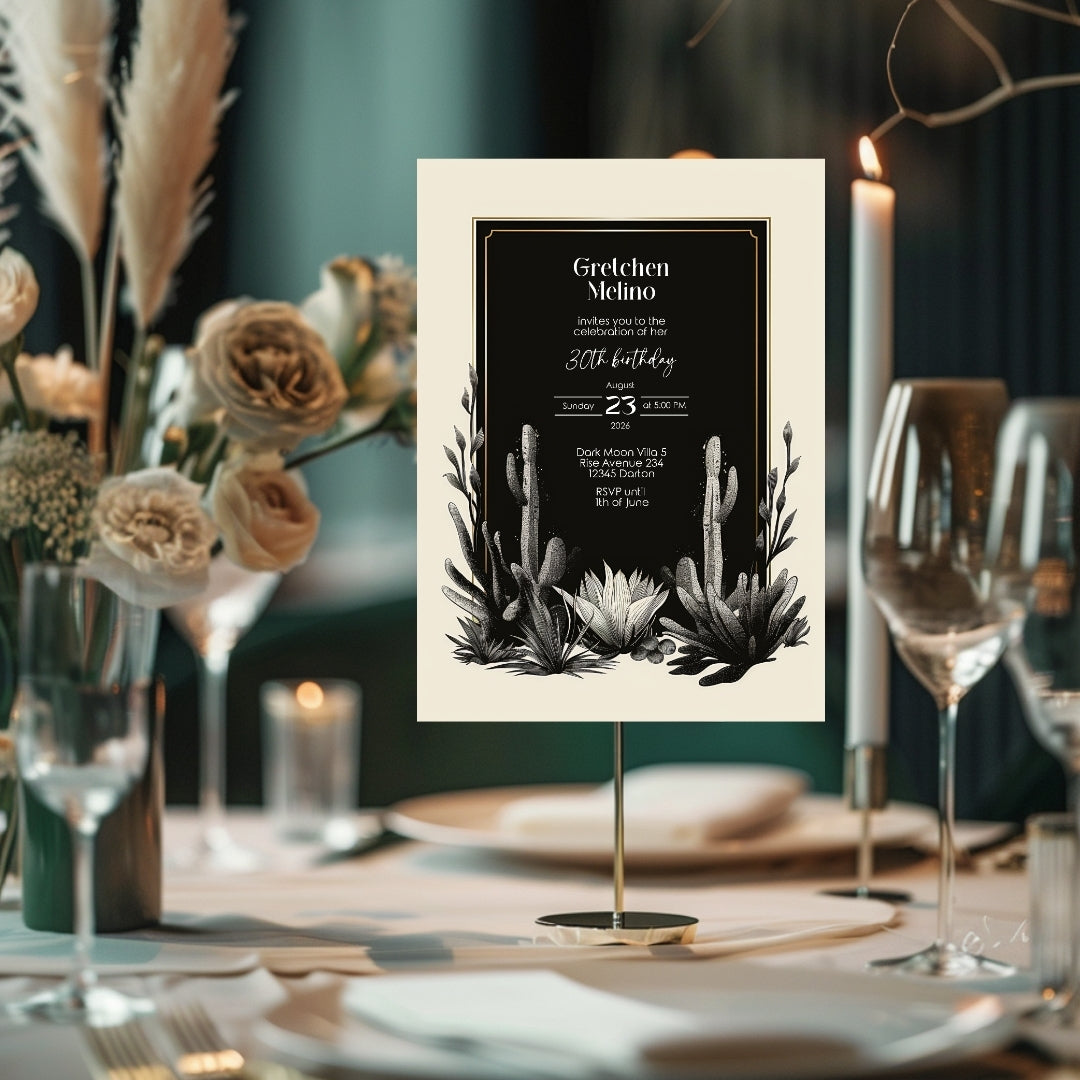 Dark Modern Desert Birthday Invitation - Black and White Minimalist Design with Cacti Motifs