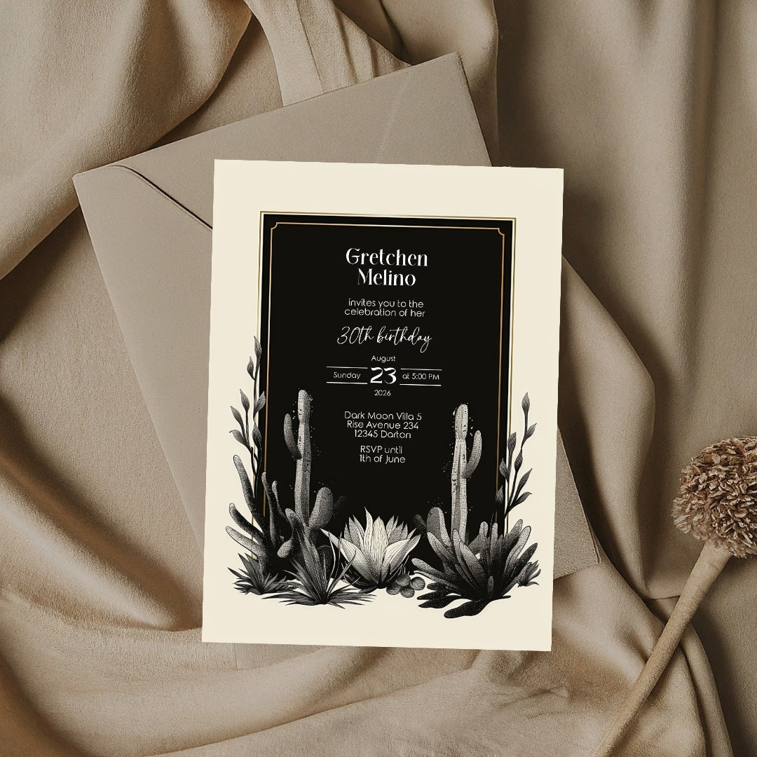 Dark Modern Desert Birthday Invitation - Black and White Minimalist Design with Cacti Motifs