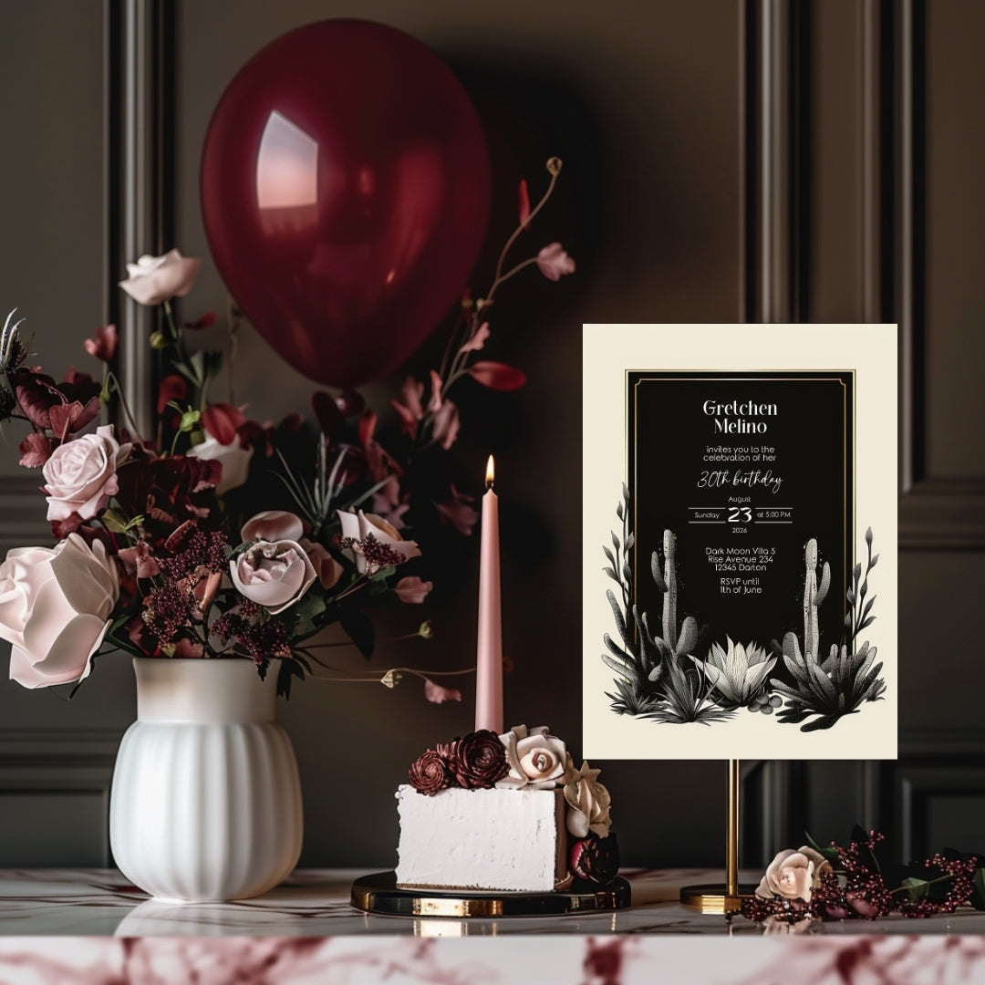 Dark Modern Desert Birthday Invitation - Black and White Minimalist Design with Cacti Motifs