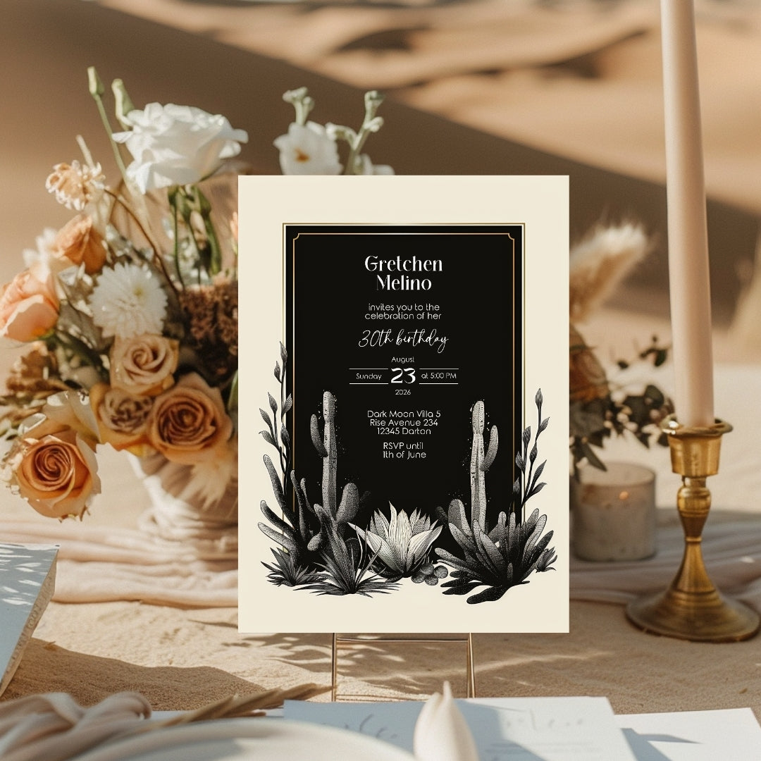 Dark Modern Desert Birthday Invitation - Black and White Minimalist Design with Cacti Motifs