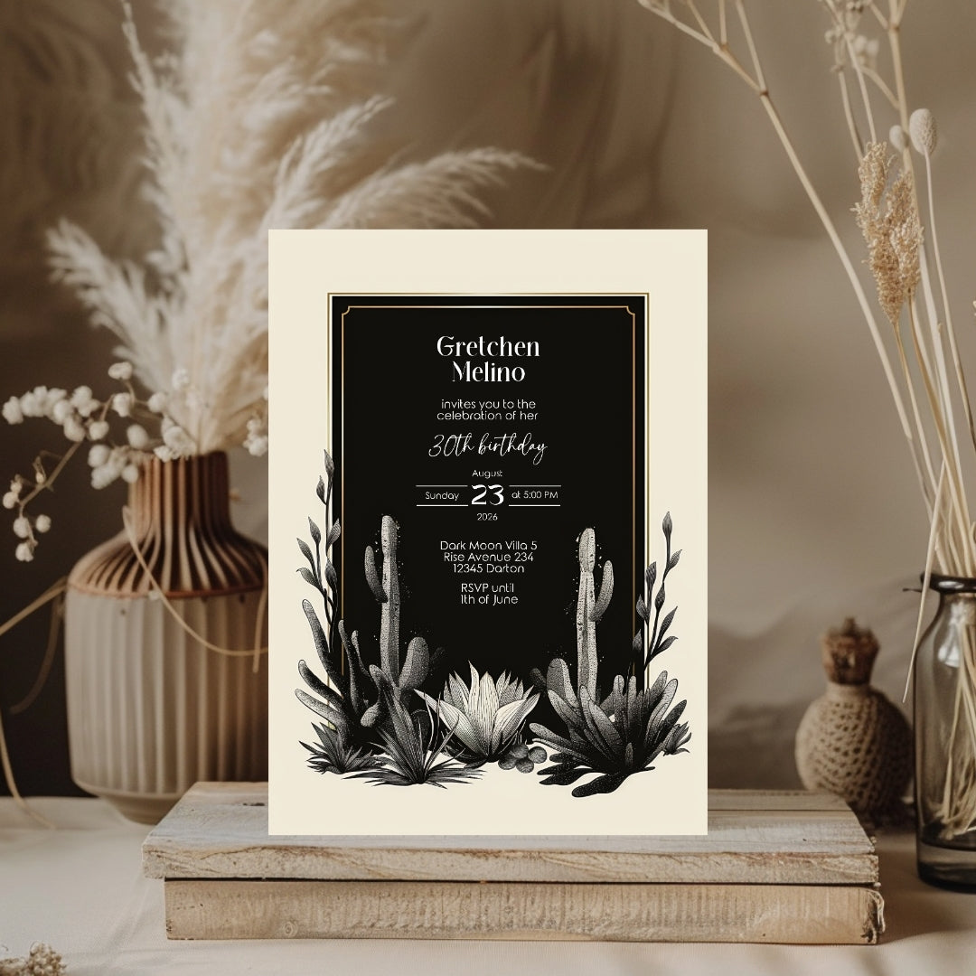Dark Modern Desert Birthday Invitation - Black and White Minimalist Design with Cacti Motifs