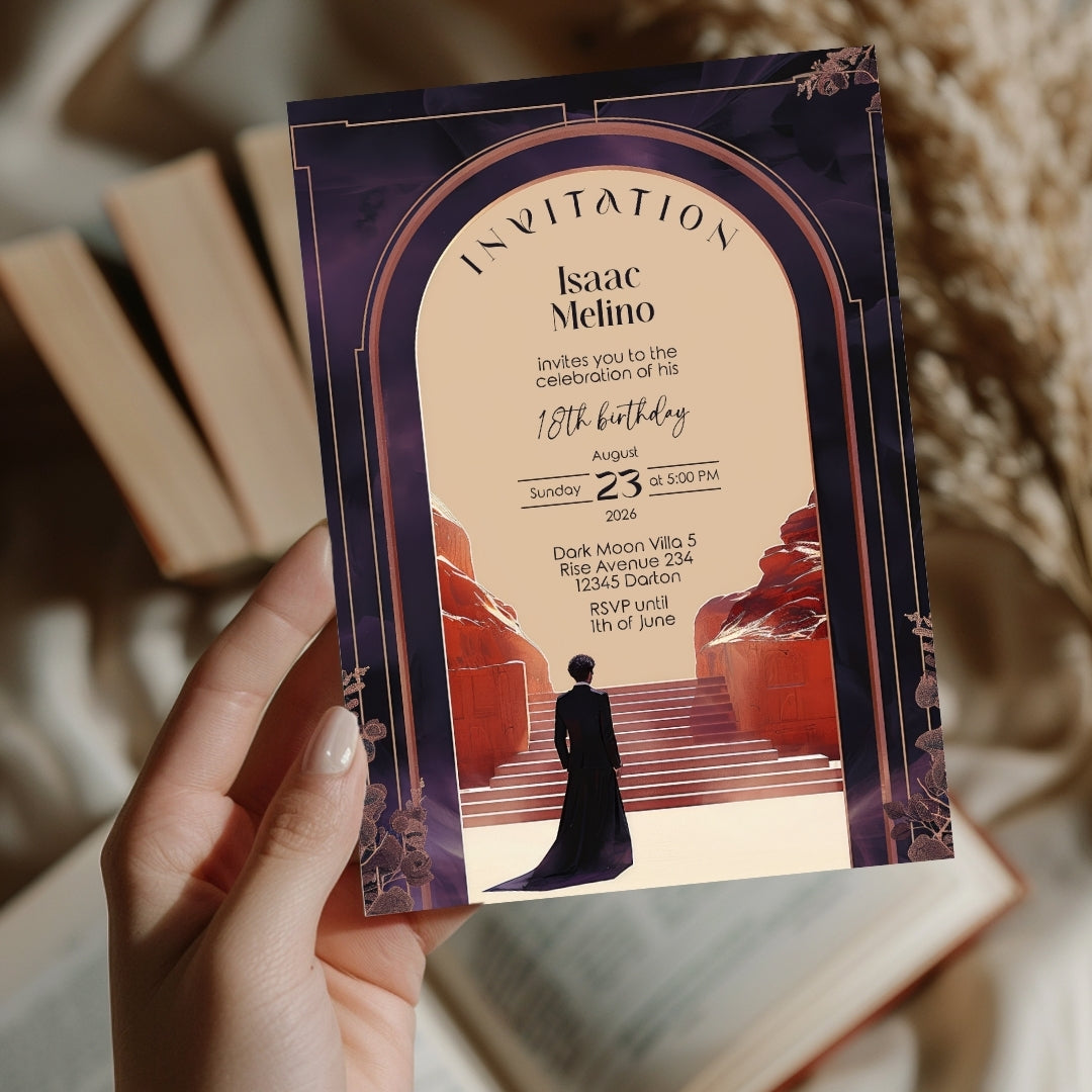 Gothic Emperor Desert Elegance Birthday Invitation - Purple and Black Design with Desert Motifs