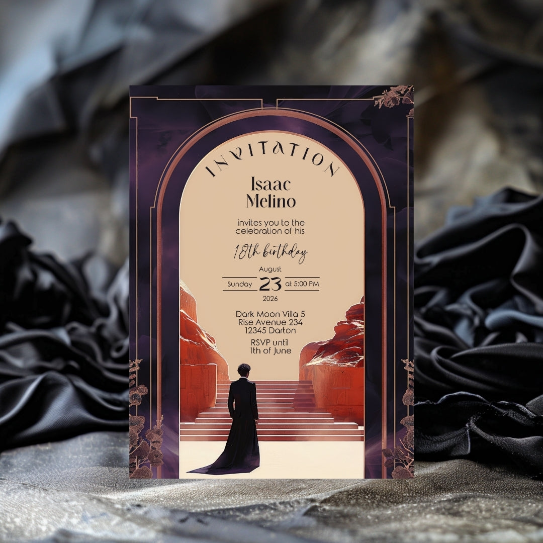 Gothic Emperor Desert Elegance Birthday Invitation - Purple and Black Design with Desert Motifs
