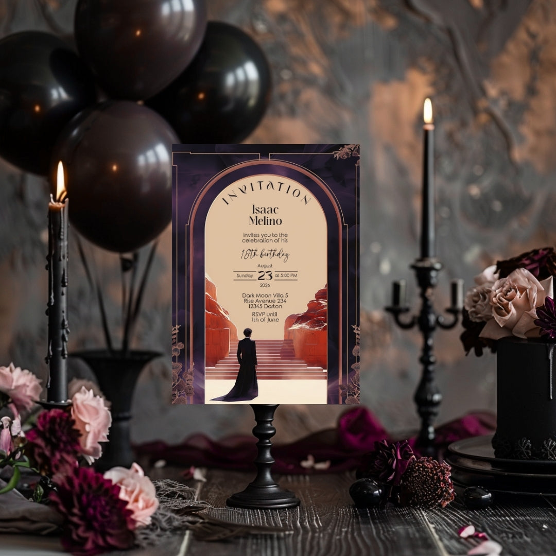 Gothic Emperor Desert Elegance Birthday Invitation - Purple and Black Design with Desert Motifs