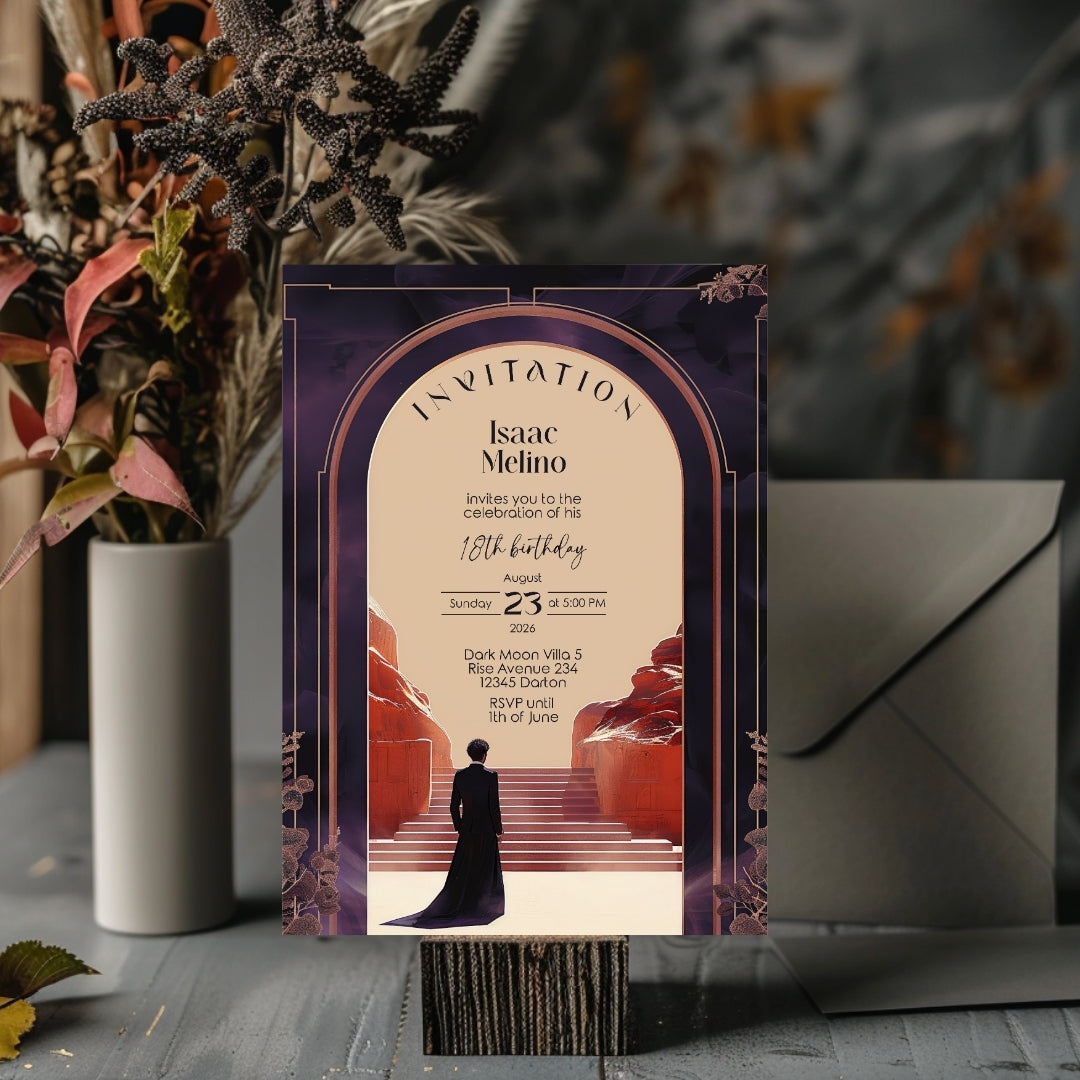 Gothic Emperor Desert Elegance Birthday Invitation - Purple and Black Design with Desert Motifs