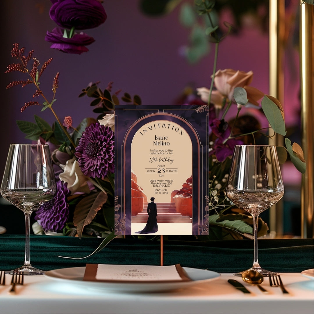 Gothic Emperor Desert Elegance Birthday Invitation - Purple and Black Design with Desert Motifs