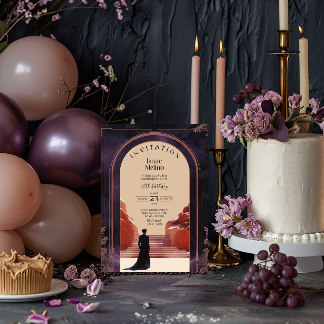 Gothic Emperor Desert Elegance Birthday Invitation - Purple and Black Design with Desert Motifs