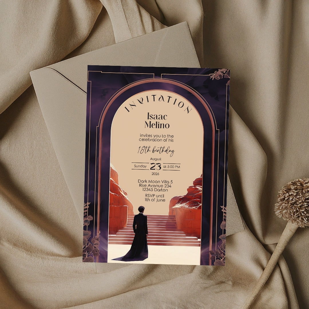 Gothic Emperor Desert Elegance Birthday Invitation - Purple and Black Design with Desert Motifs