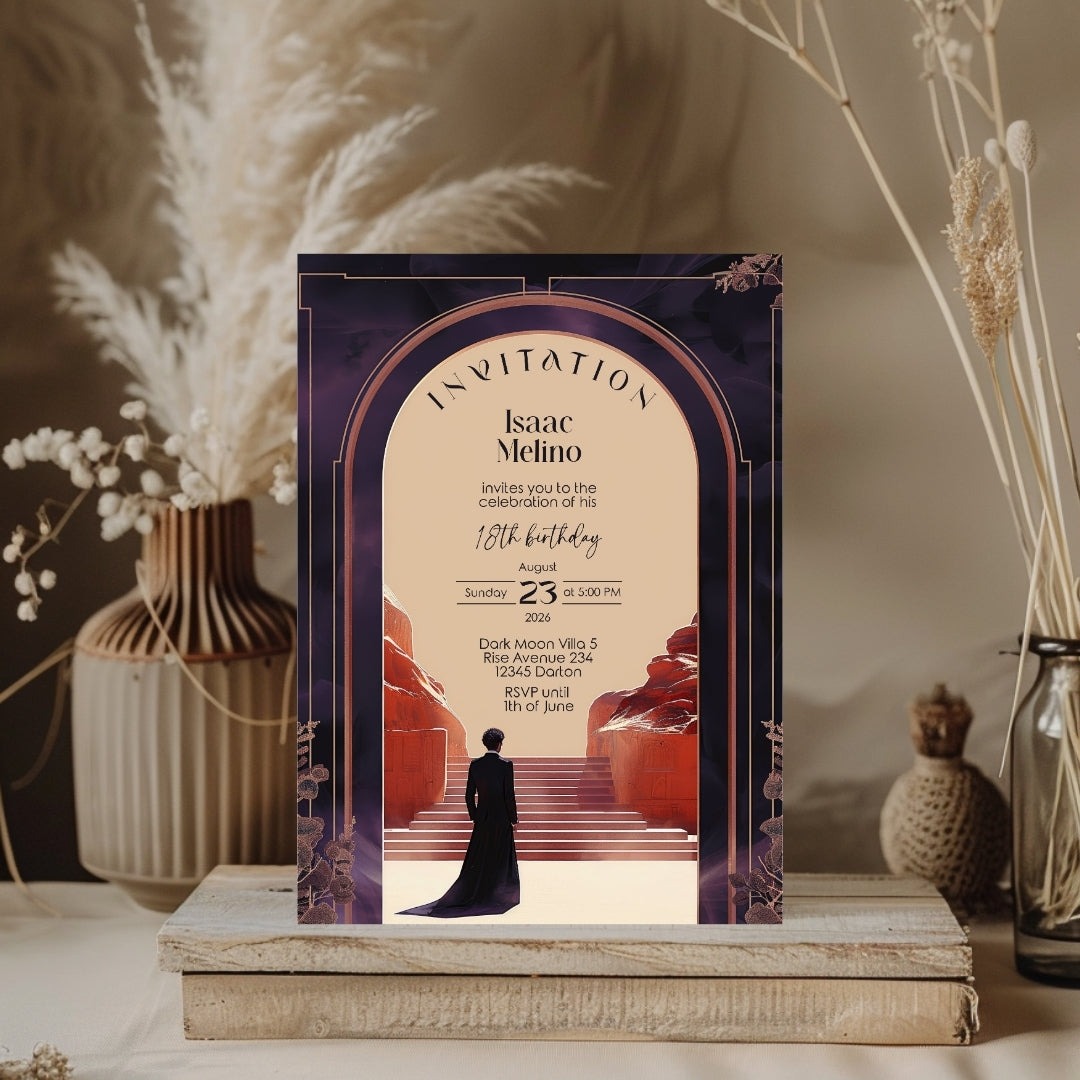 Gothic Emperor Desert Elegance Birthday Invitation - Purple and Black Design with Desert Motifs