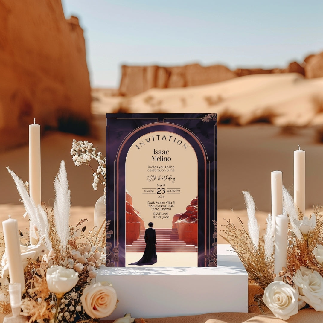 Gothic Emperor Desert Elegance Birthday Invitation - Purple and Black Design with Desert Motifs
