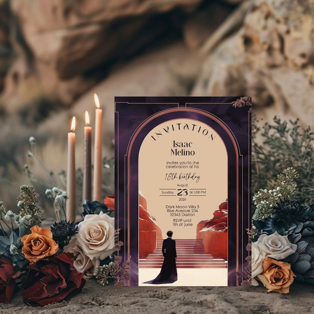 Gothic Emperor Desert Elegance Birthday Invitation - Purple and Black Design with Desert Motifs