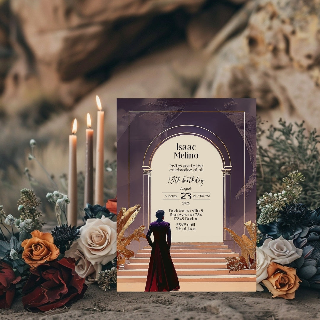 Dark Bohemian Desert Emperor Birthday Invitation - Purple and Red Design with Classical Desert Motifs