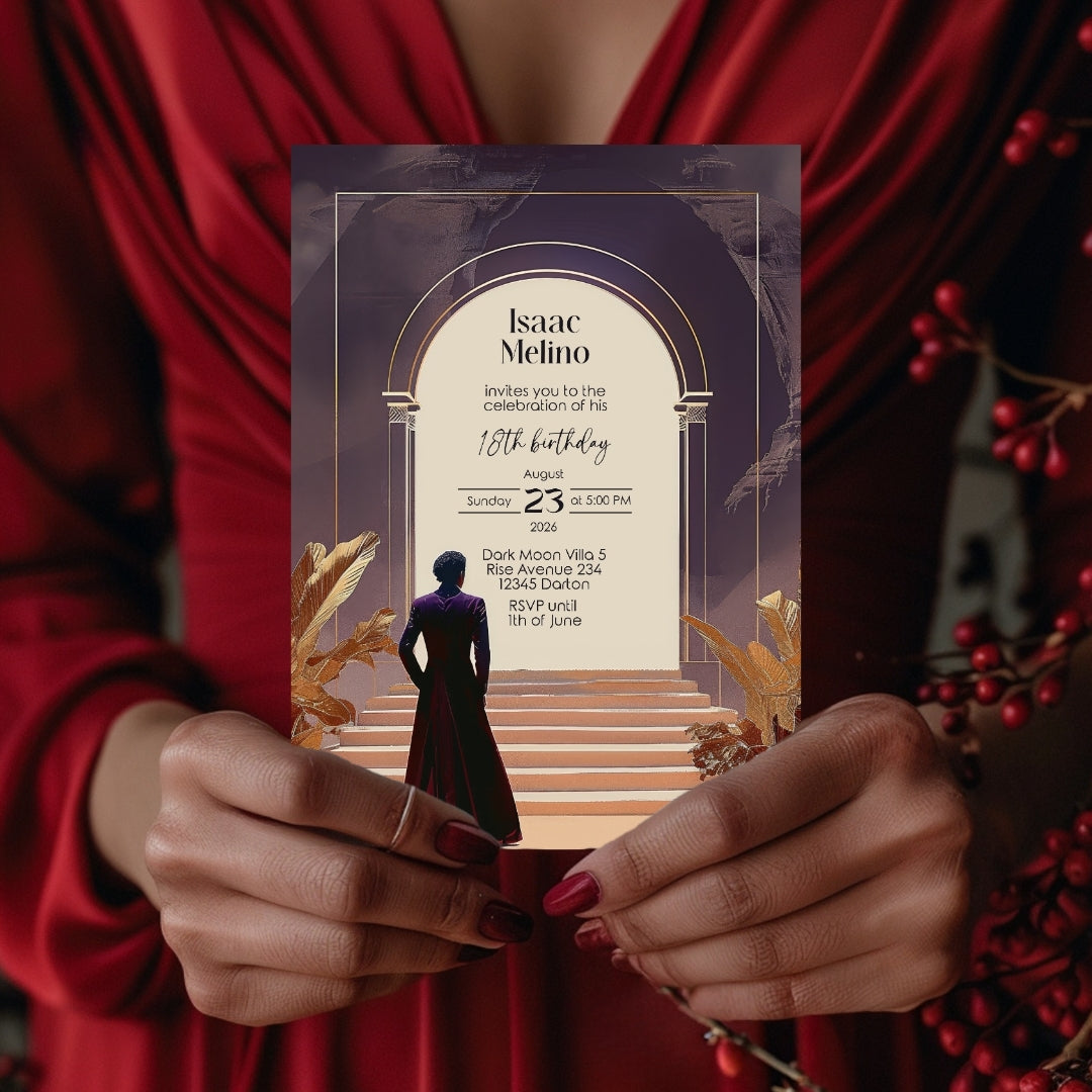 Dark Bohemian Desert Emperor Birthday Invitation - Purple and Red Design with Classical Desert Motifs