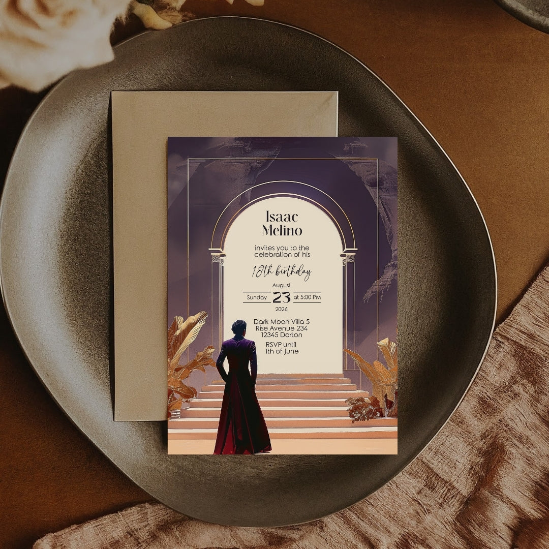 Dark Bohemian Desert Emperor Birthday Invitation - Purple and Red Design with Classical Desert Motifs